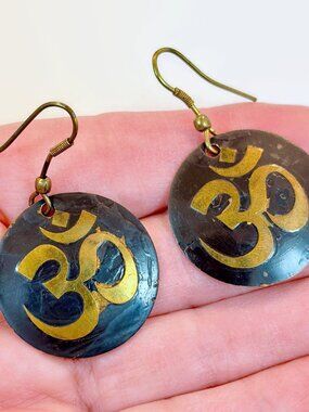 Vintage Earrings, Ohm Symbol, Artisan Made, Bronze, Patina, 90s, Pierced, Dangle